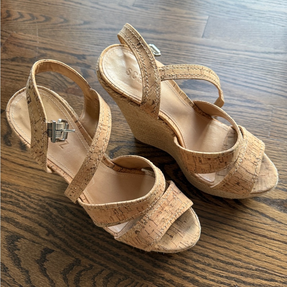 SCHUTZ Tan Wedge Sandals with Cork Platform
